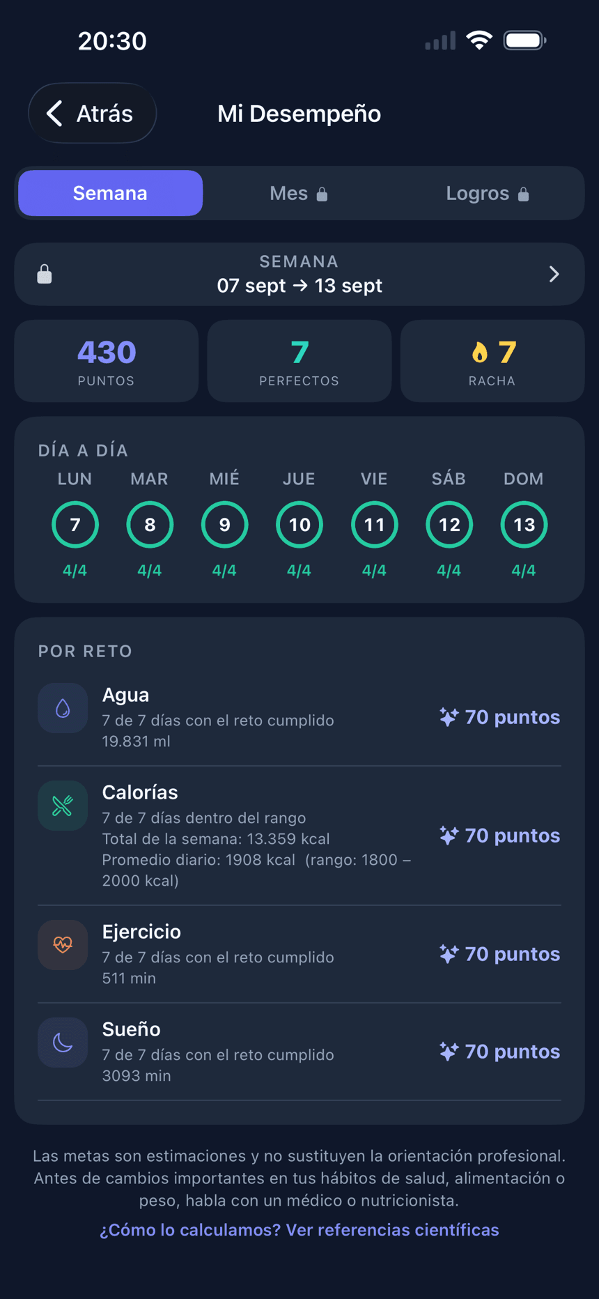 Pantalla de insights con gráficos y récords personales