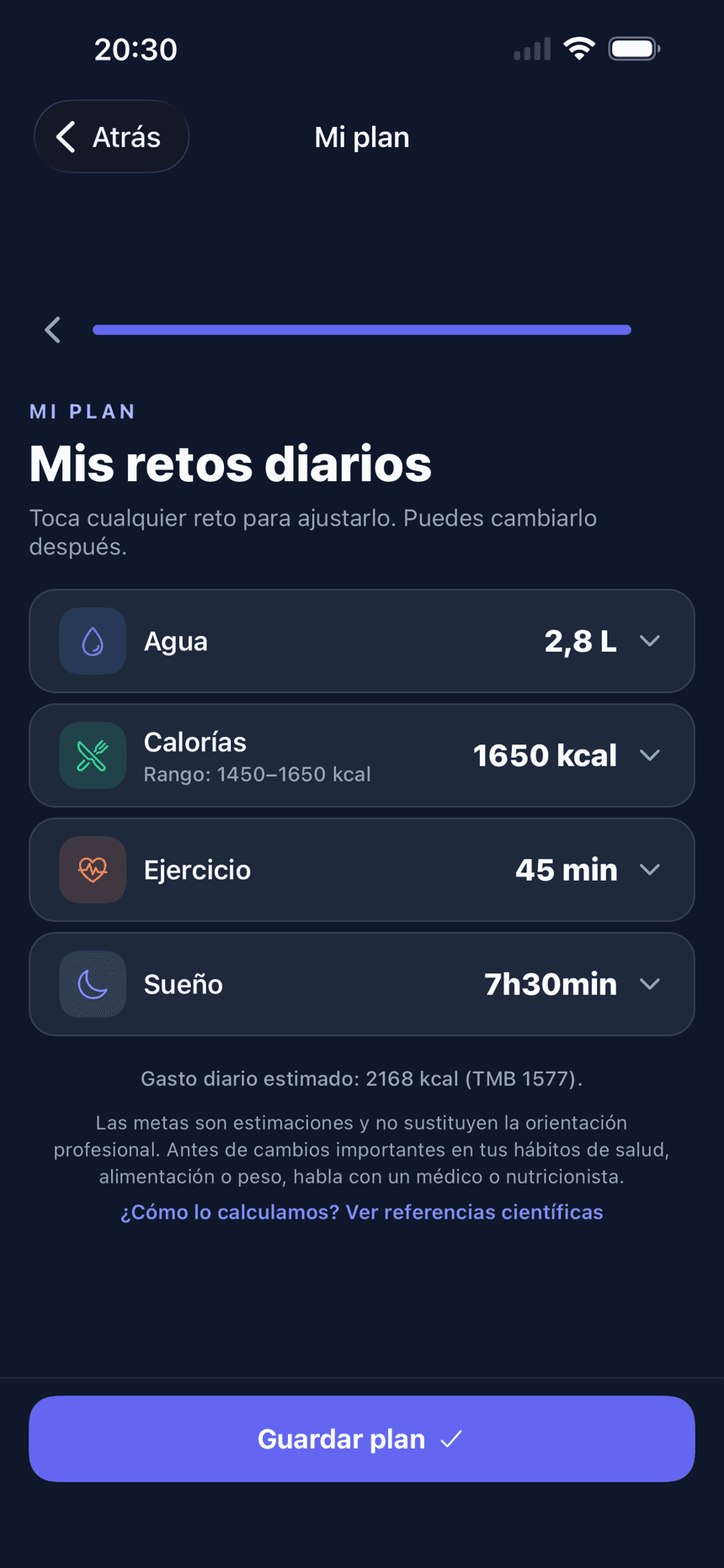 Pantalla del plan personalizado con las metas de los cuatro retos