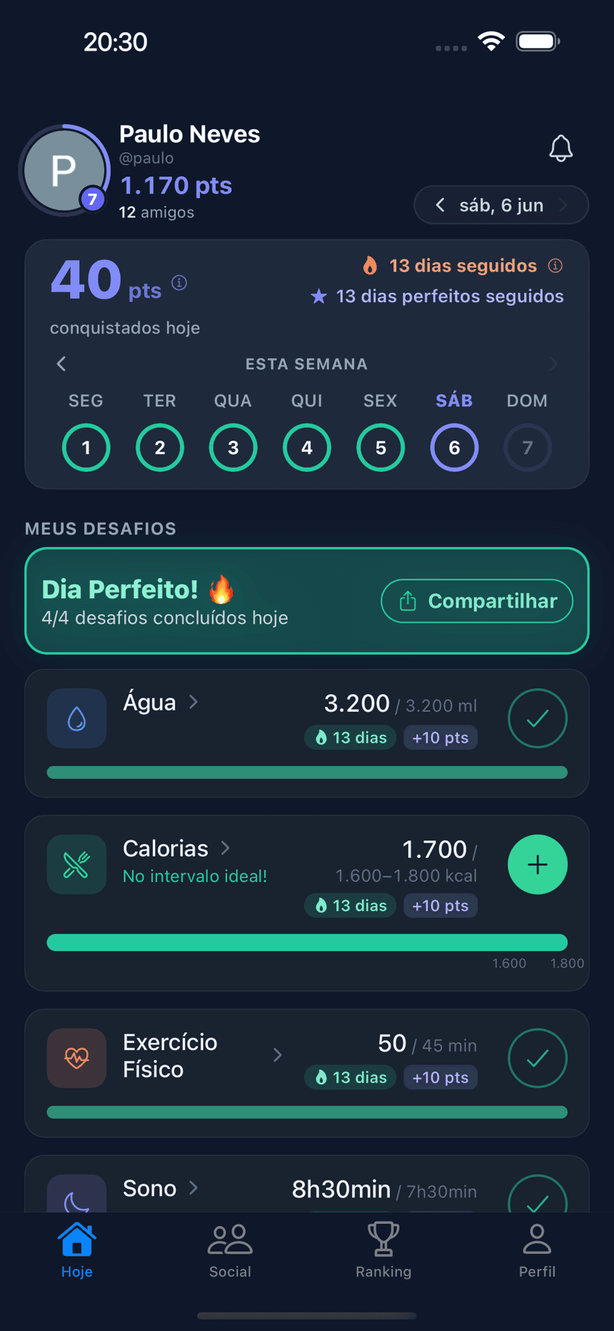Tela Hoje do app Meus Desafios com os quatro desafios do dia